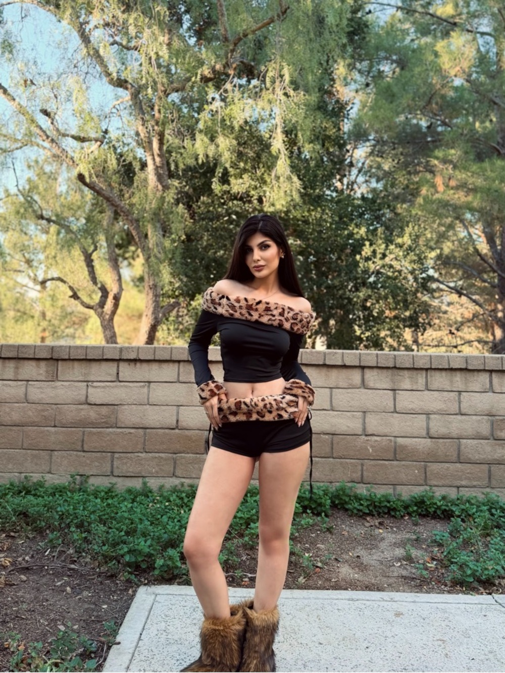 Women’s Fuzzy Off Shoulder Leopard 2PC Set Crop Top & Low Waist Shorts